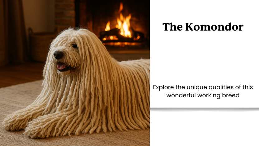 This image shows a komondor laying on the ground in front of a fireplace and text that reads "the komondor"