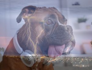 dog with headphones overlaid by lightning and thunder