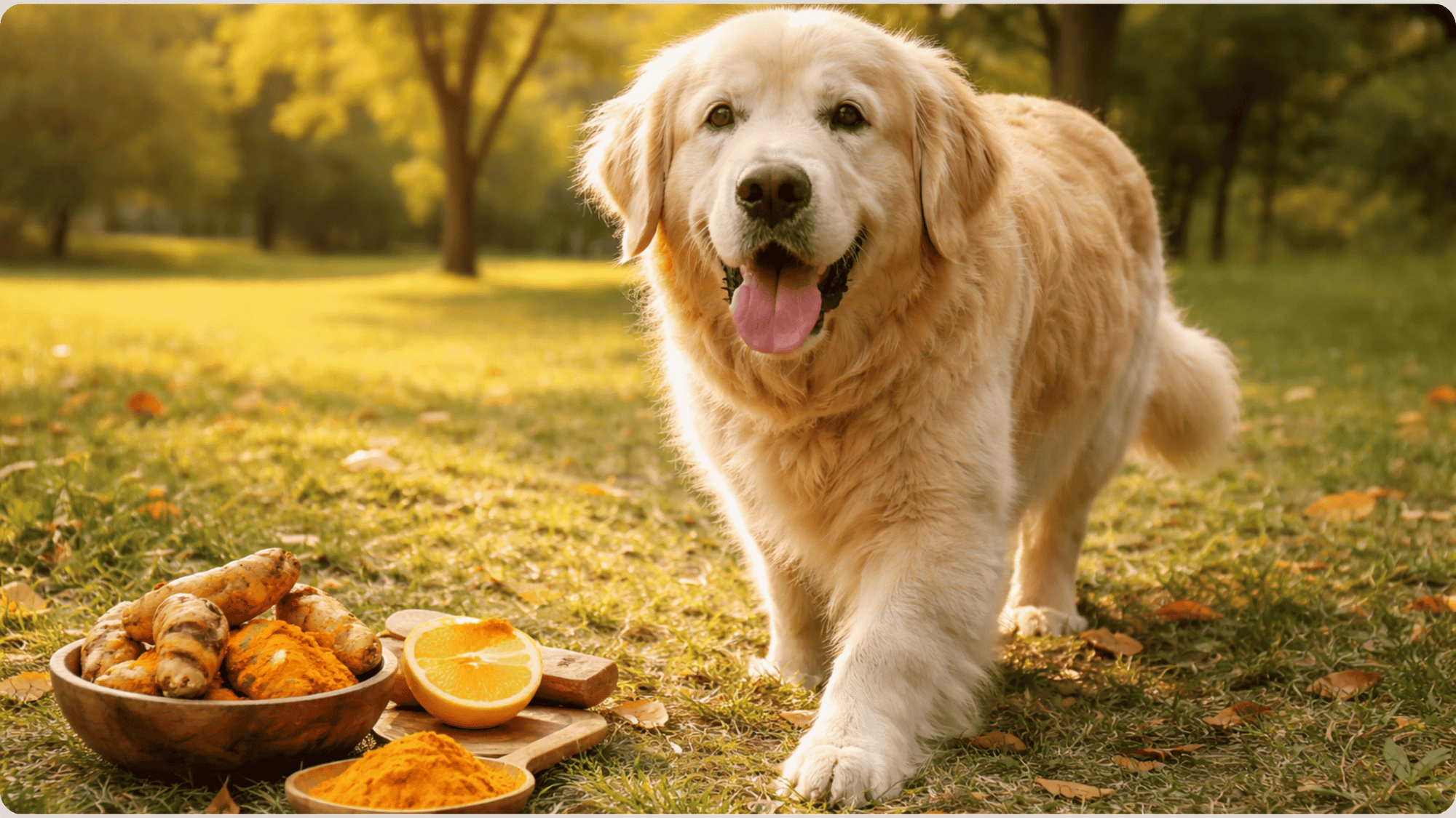 Senior dog walking in the park with turmeric