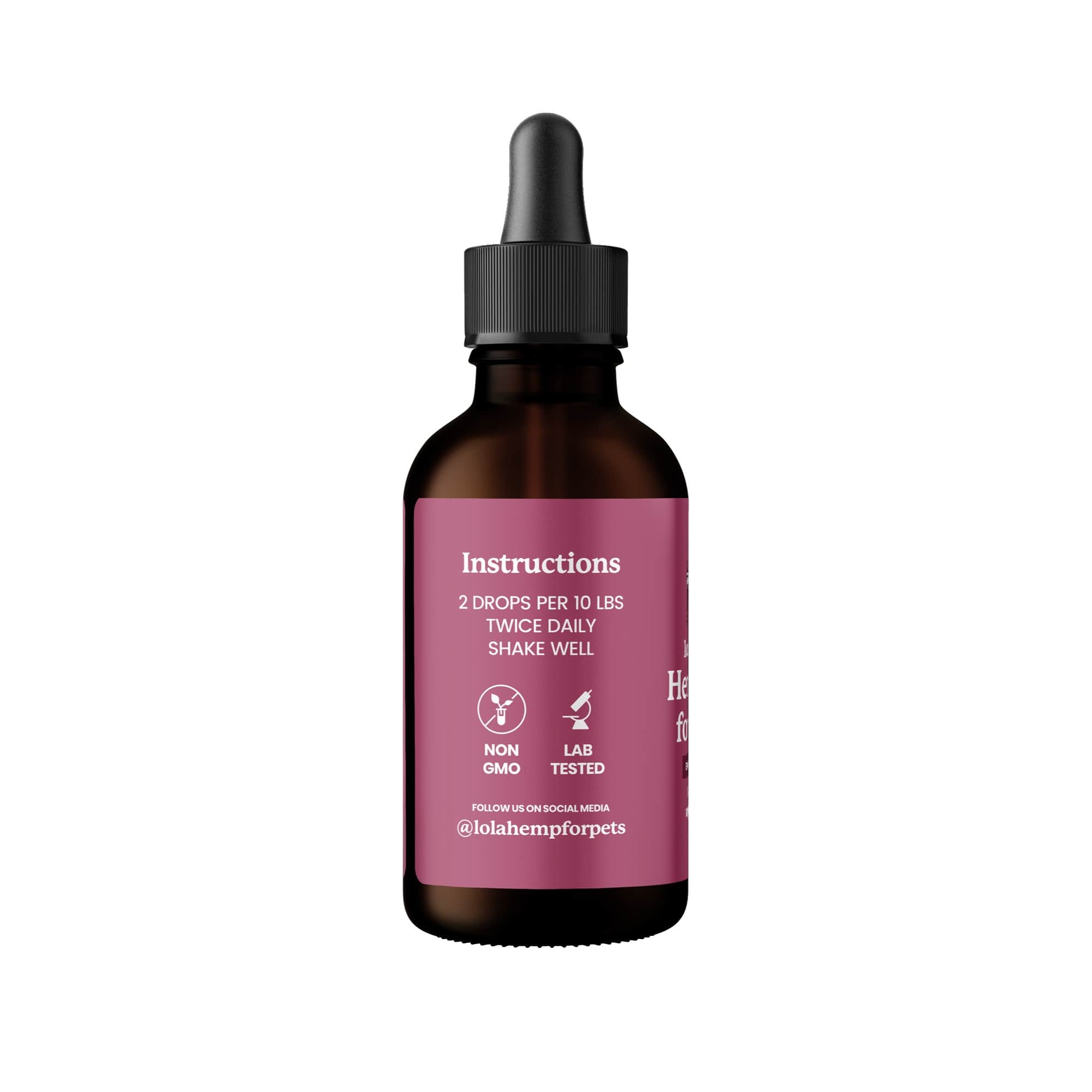 Back of brown lolahemp 1800mg extra strength hemp oil bottle with fuchsia label on white background