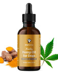Bottle of Lola Hemp Mobility Hemp Oil for Dogs with turmeric and a hemp leaf on a white background