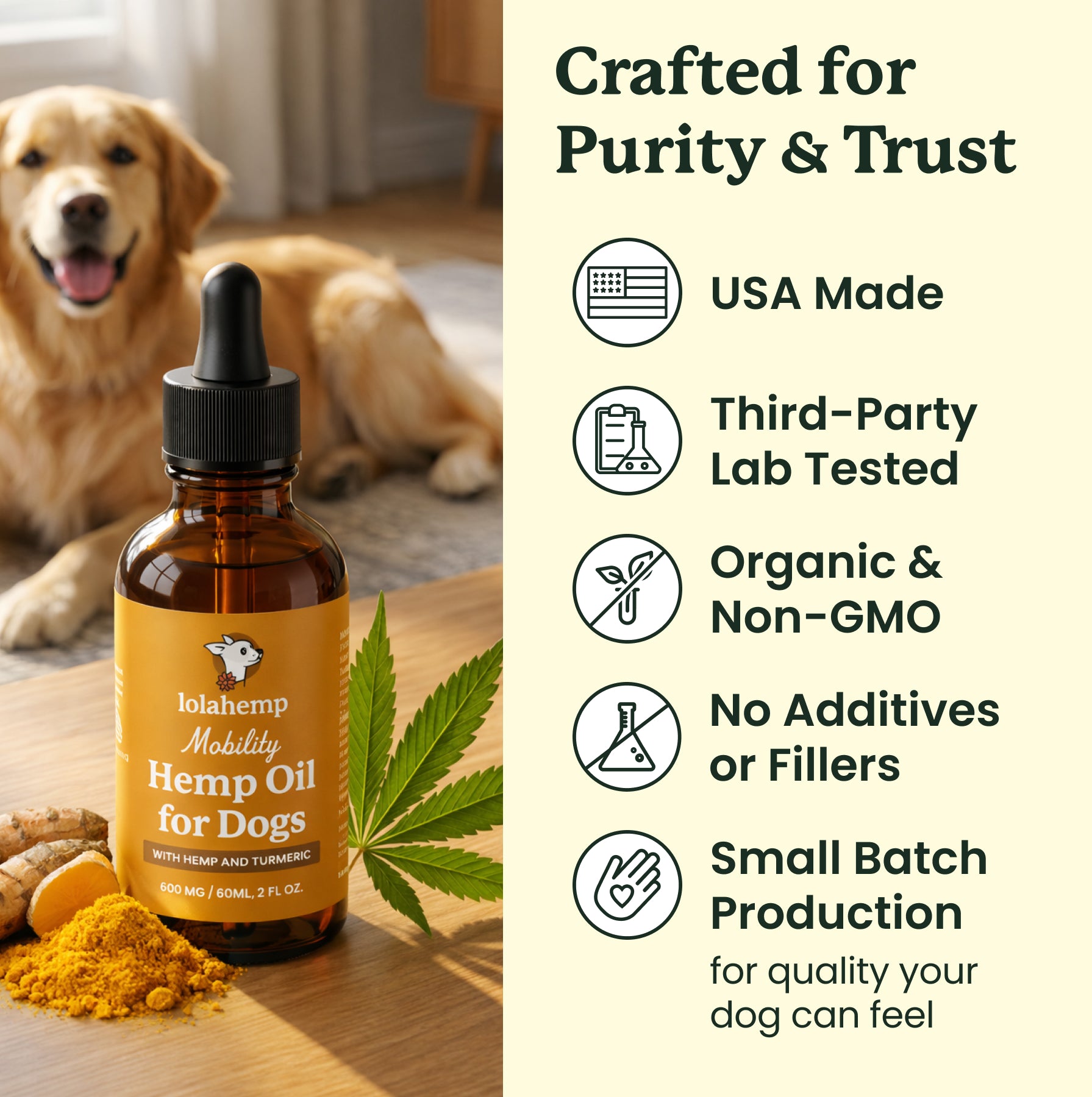 Hemp oil for dogs with a dog and turmeric on a wooden surface, featuring product details on purity and trust.