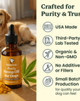 Hemp oil for dogs with a dog and turmeric on a wooden surface, featuring product details on purity and trust.