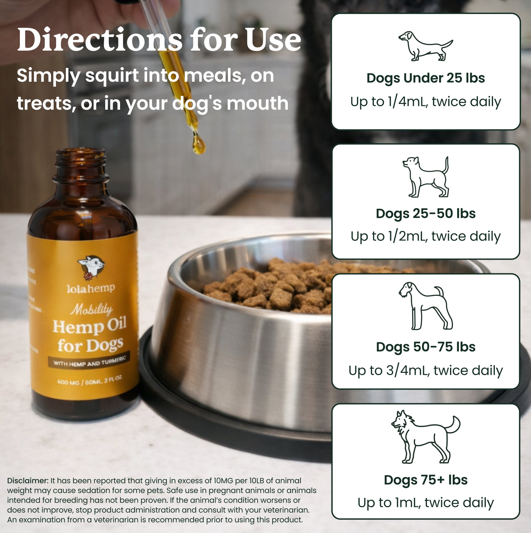 Lola Hemp Mobility Hemp Oil for Dogs with usage instructions on a table next to a dog bowl.
