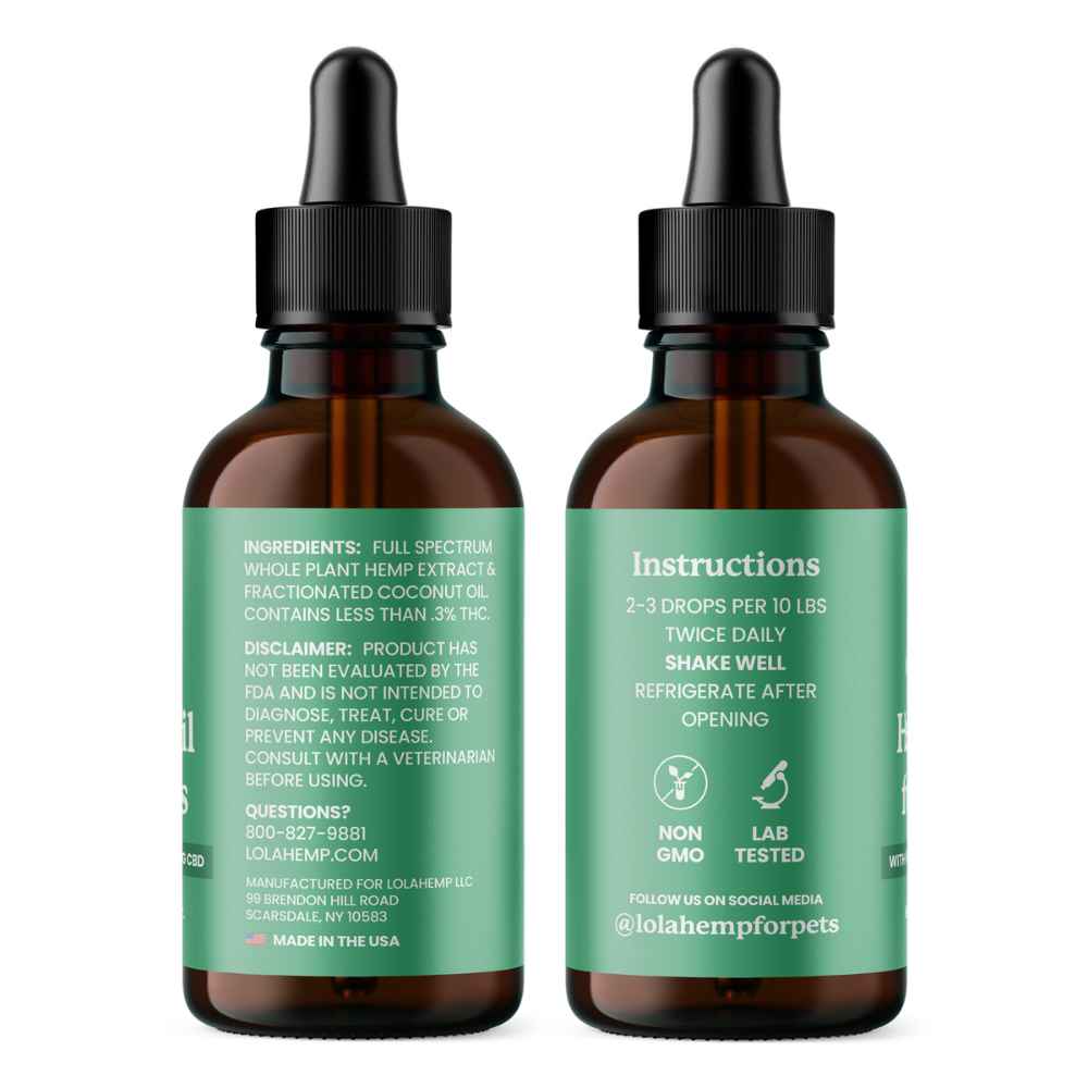 The back labels of Lolahemp&#39;s CBD Oil for Pets. Includes ingredients, disclaimer, contact, and dosage instructions.