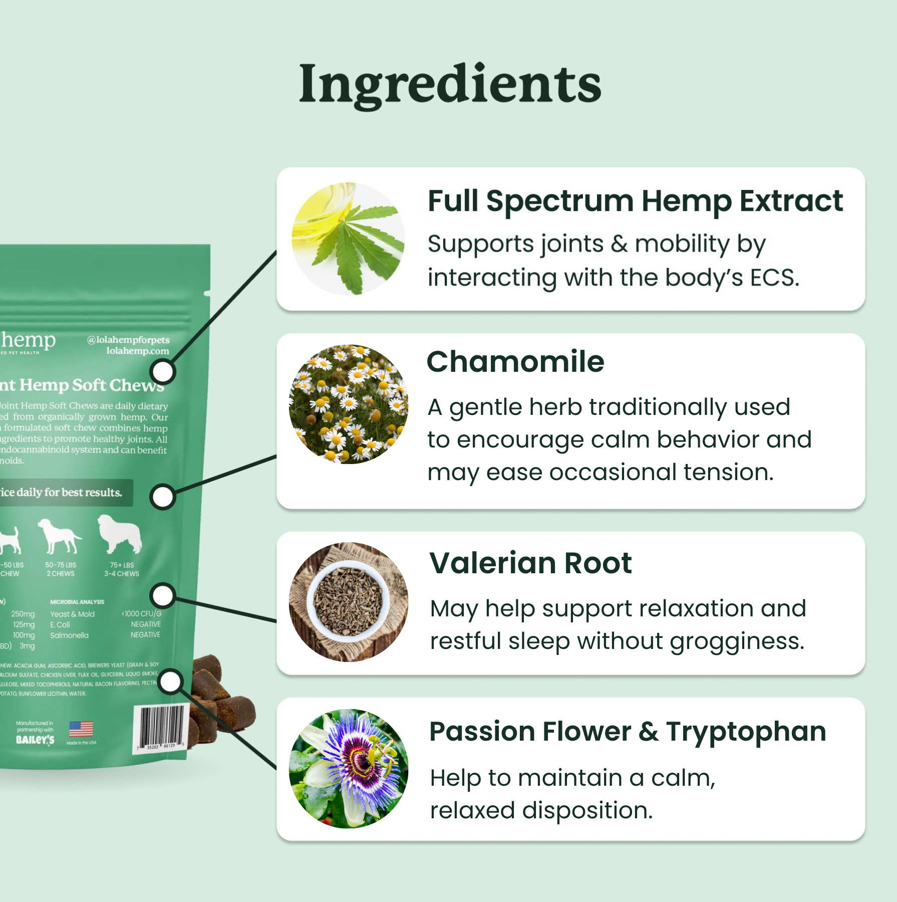 This image lists the ingredients in Lolahemp's Calming Chews: full spectrum hemp extract, chamomile, valerian root, passion flower & tryptophan.