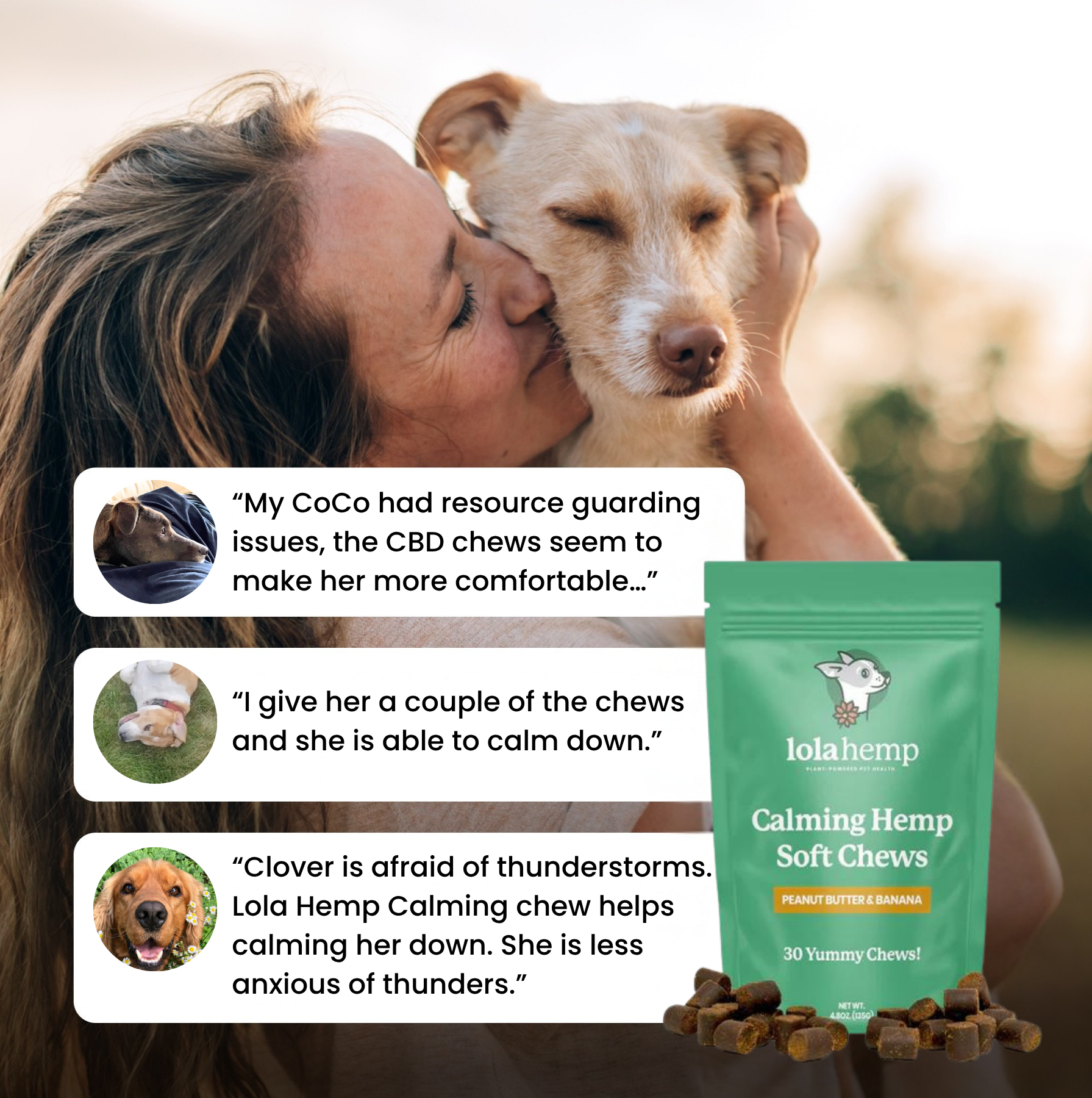 This image shows three real reviews of Lolahemp's Calming Chews.