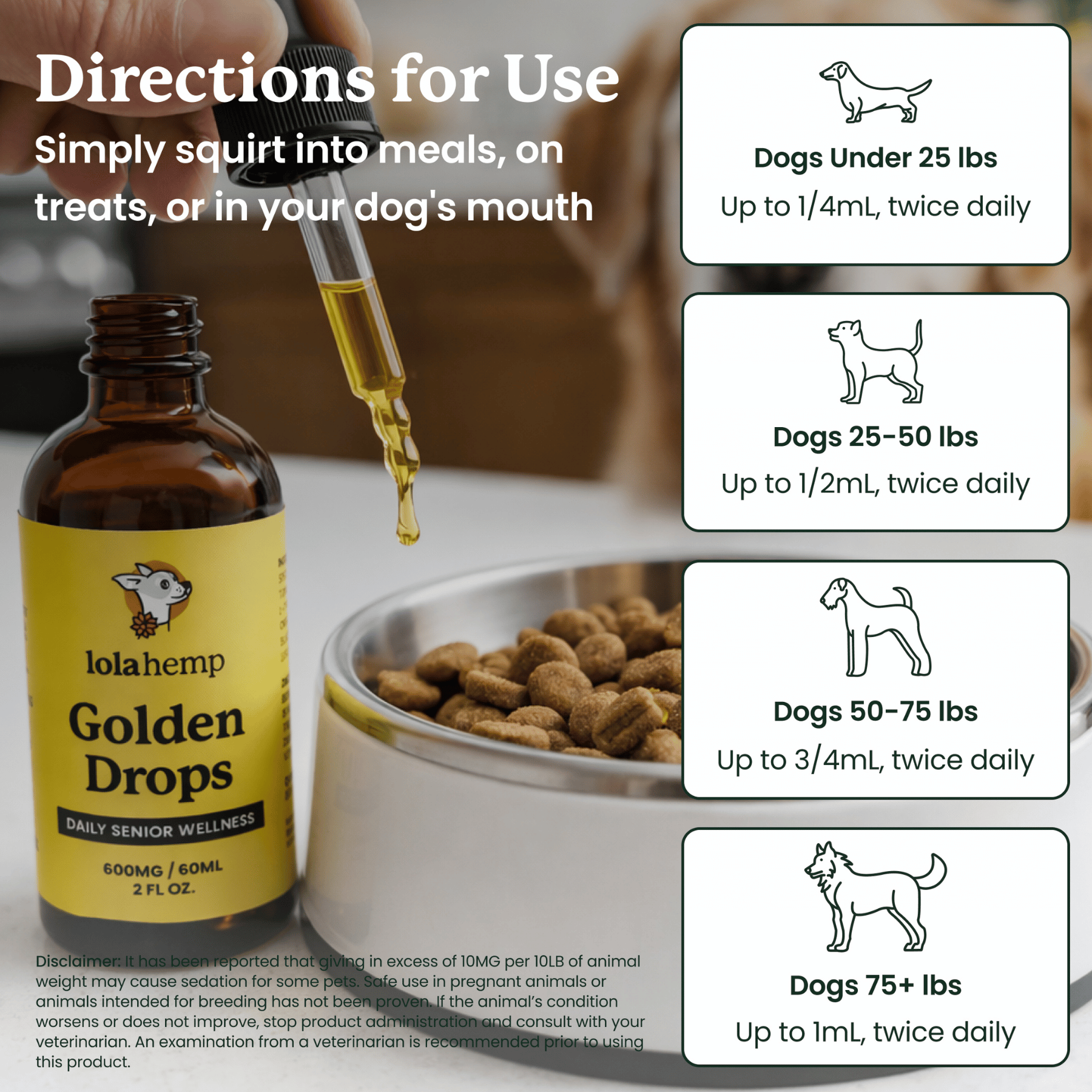 Lola Hemp Golden Drops bottle with dropper and feeding instructions for dogs.