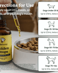 Lola Hemp Golden Drops bottle with dropper and feeding instructions for dogs.