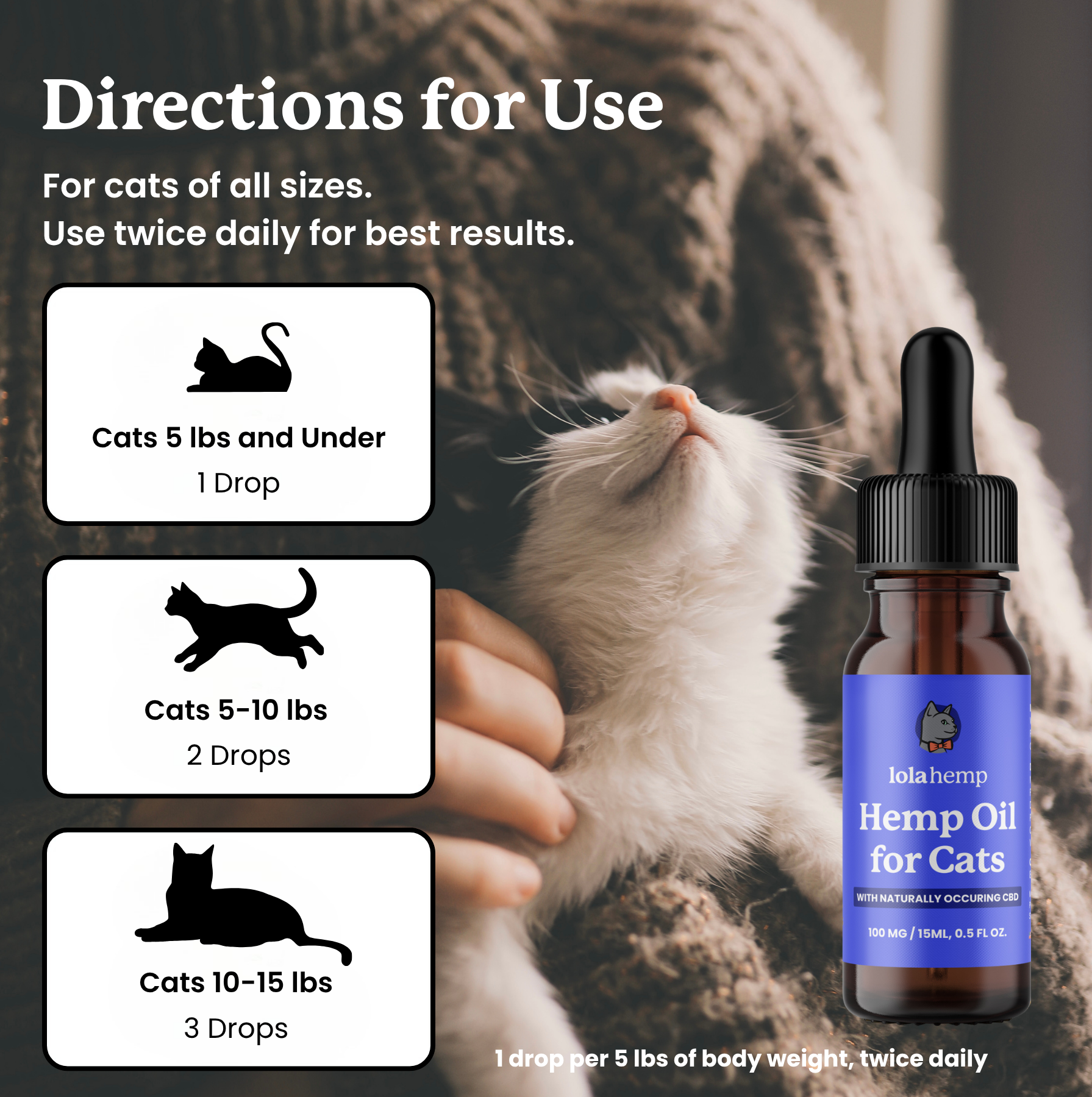This image discusses the directions for use of Lolahemp's CBD oil for cats.