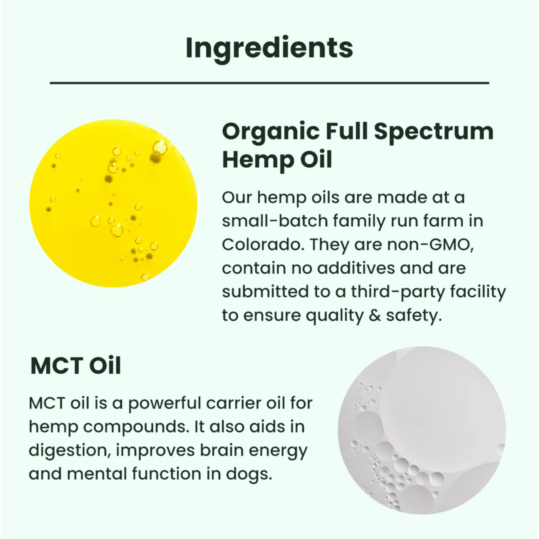 Ingredients list for organic full spectrum hemp oil and MCT oil with visual representations.