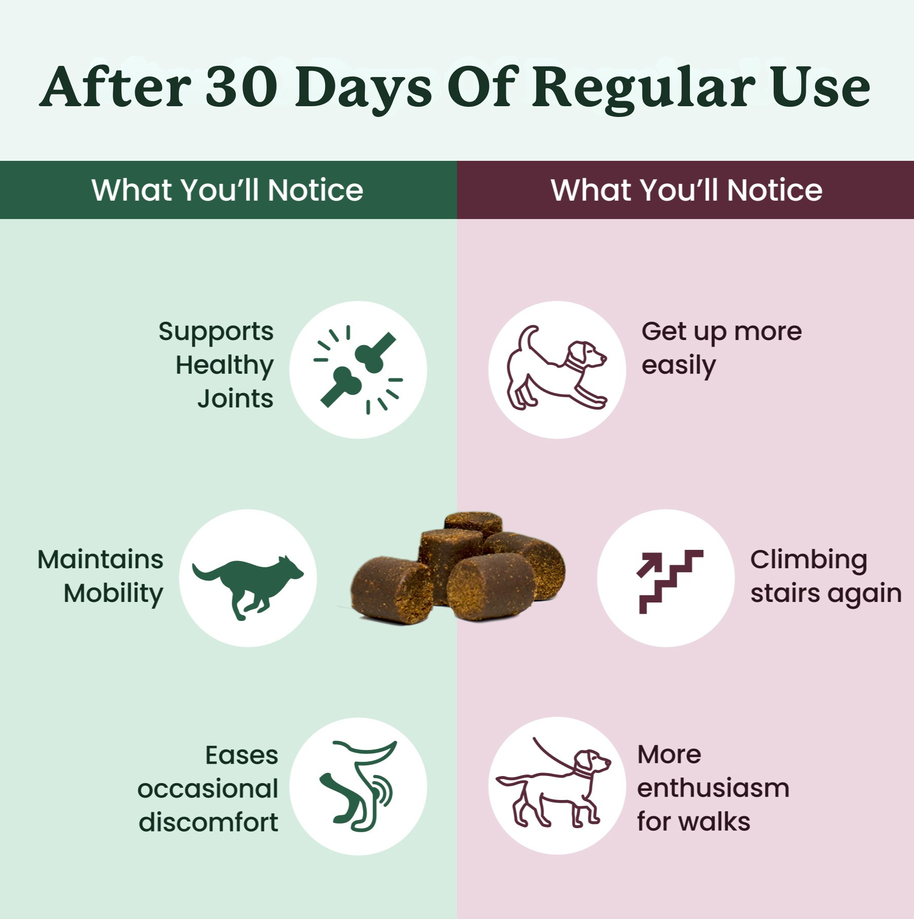 This image describes the benefits of Lolahemp hip & joint chews after 30 days of regular use.