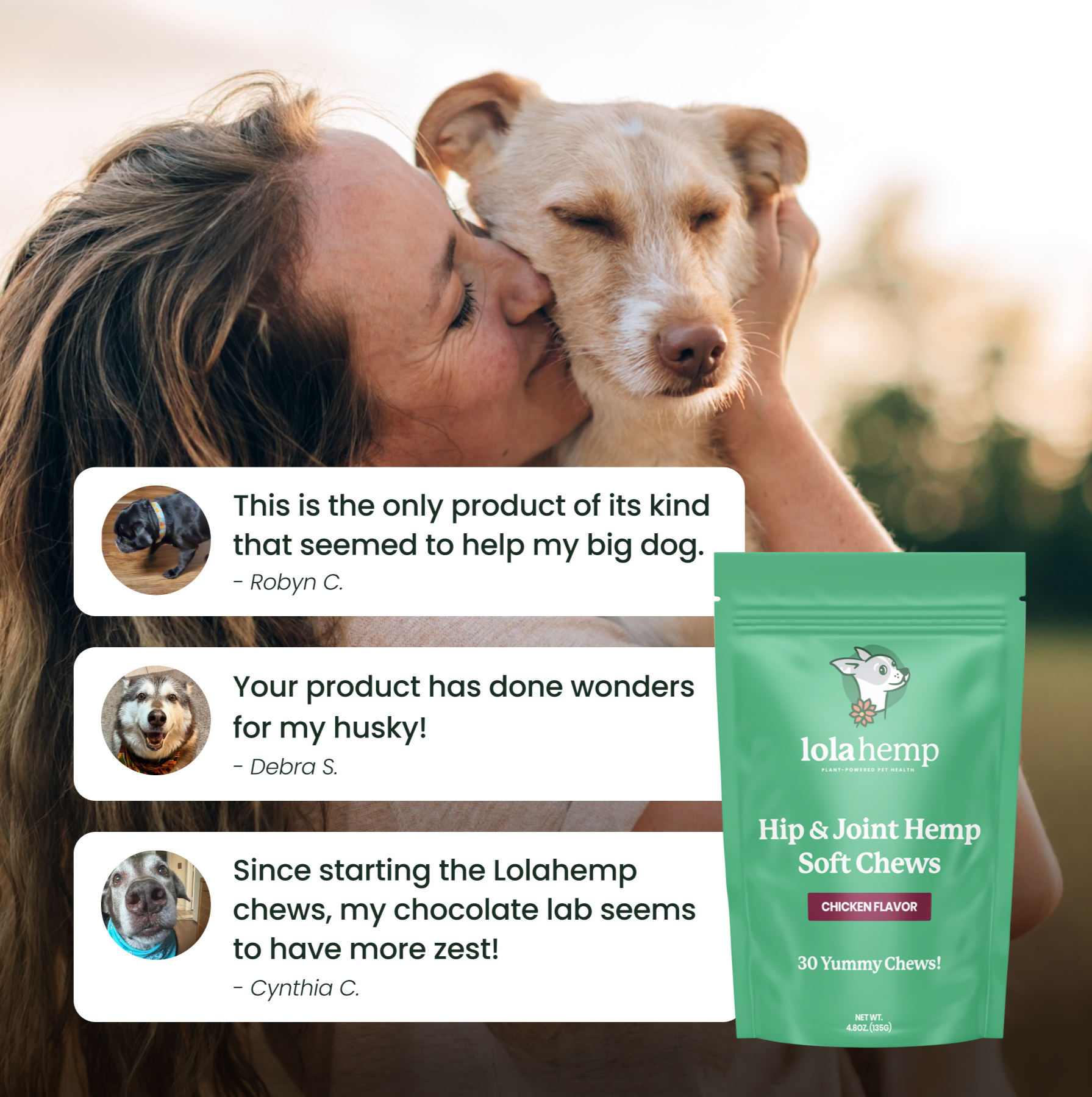 This image lists three real reviews of Lolahemp's hip & joint chews.