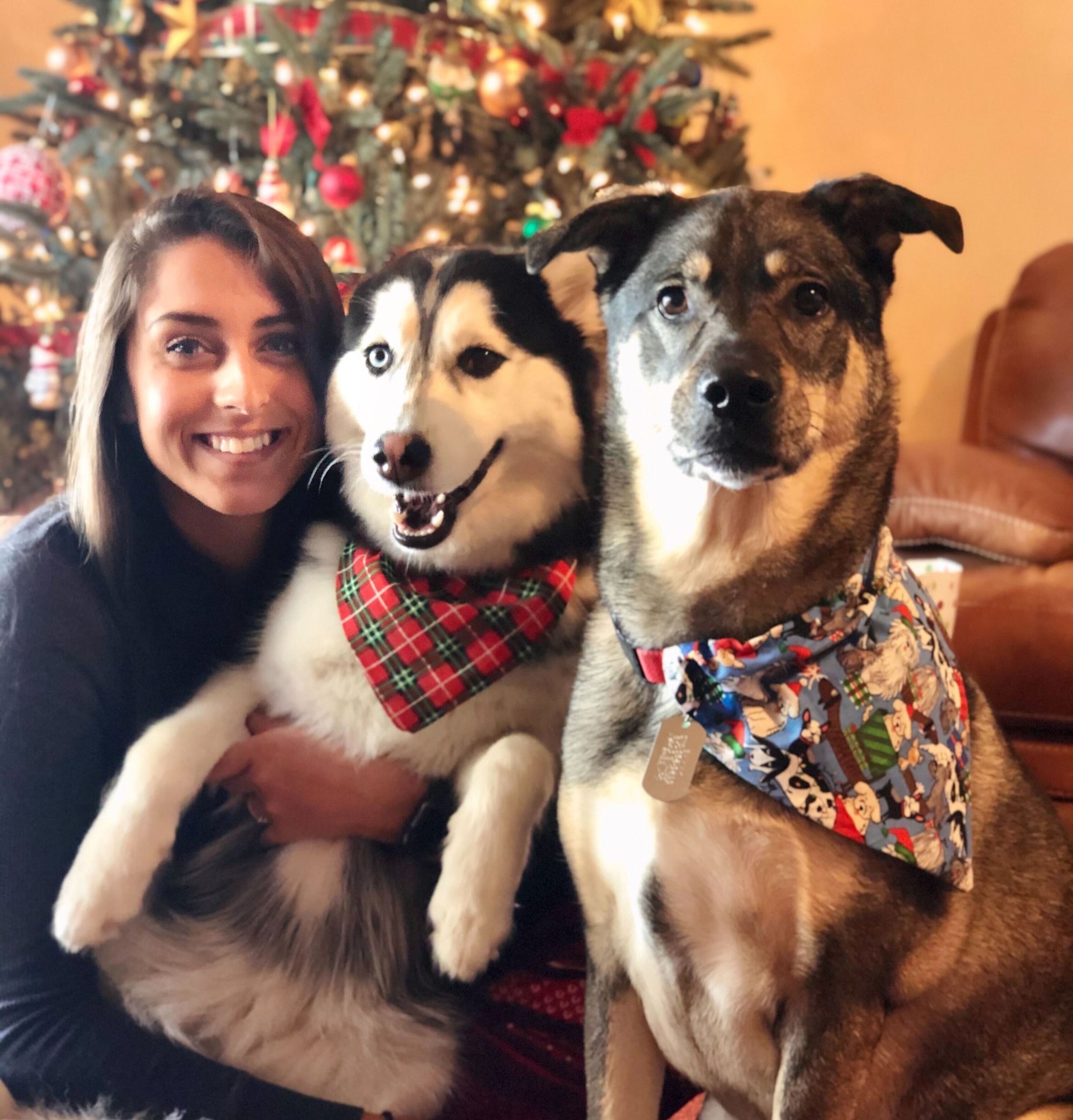 Image of woman with two dogs in her house