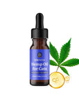 This photo shows Lolahemp CBD Oil for Cats with a hemp leaf and a droplet of oil.