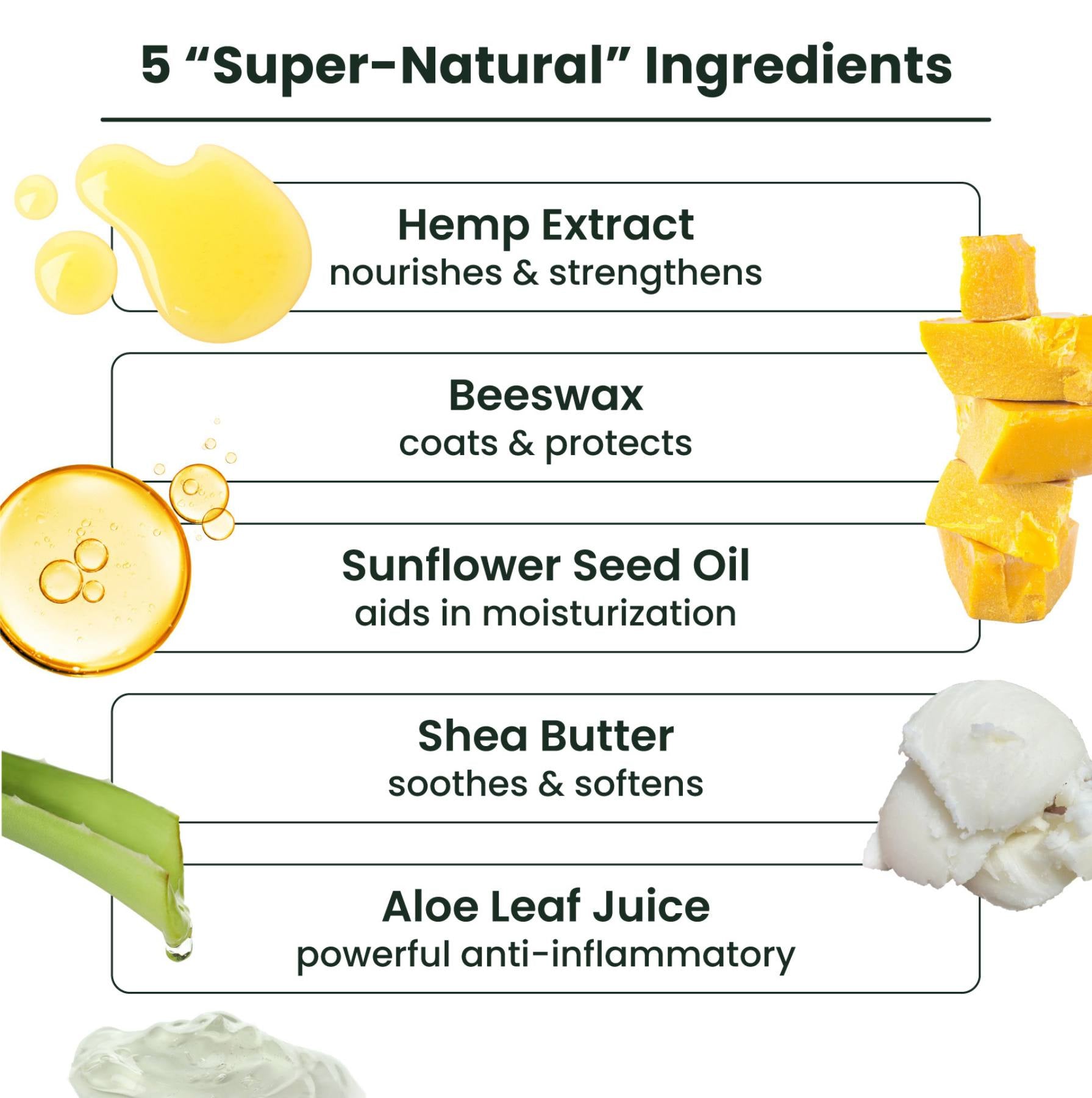 This image lists all of the 5 key active ingredients in lolahemp balm.