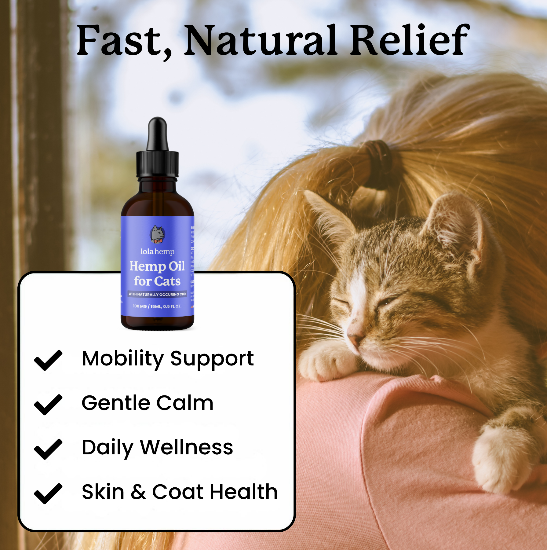This image lists the benefits of Lolahemp's CBD oil for Cats