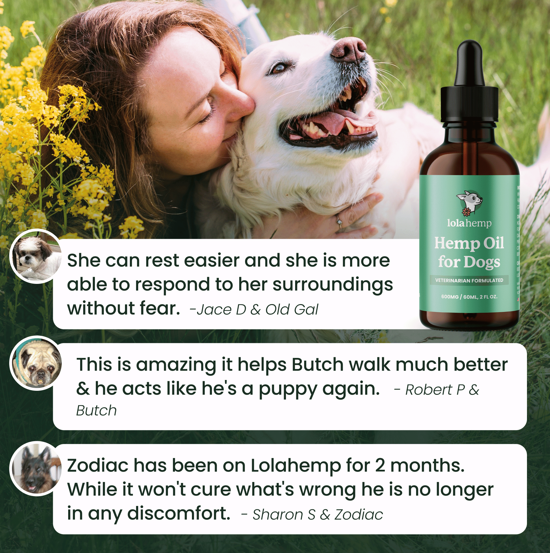 This image shows three reviews from real Lolahemp customers, praising the quality of this oil.