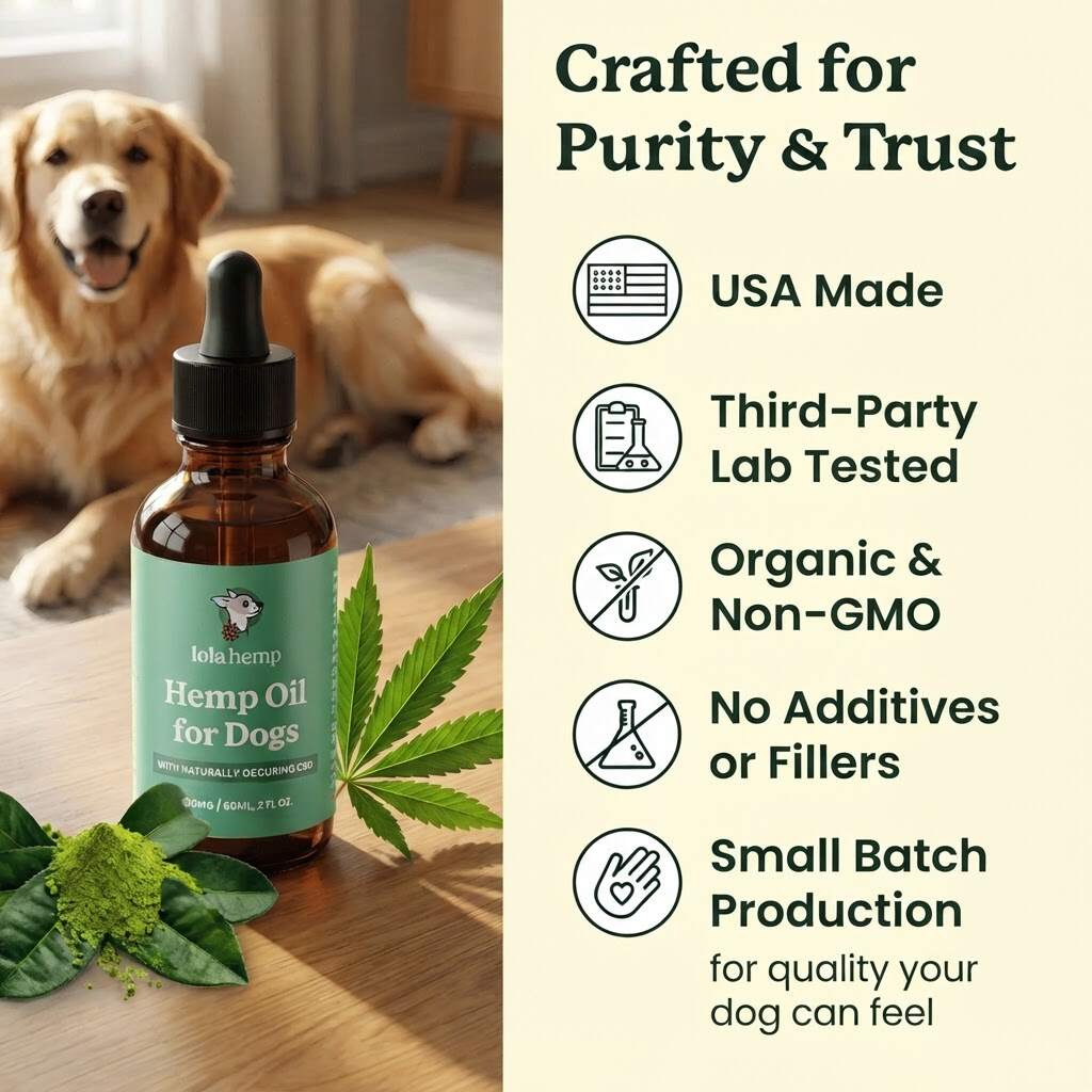 Lolahemp CBD oil for dogs, made in the USA, third-party lab tested, no additives or fillers, small batch