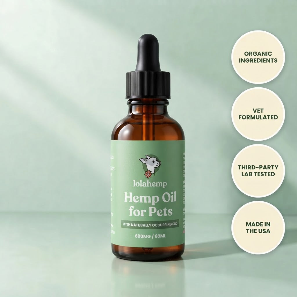 Lolahemp Classic CBD oil for dogs, dropper bottle on a sage background
