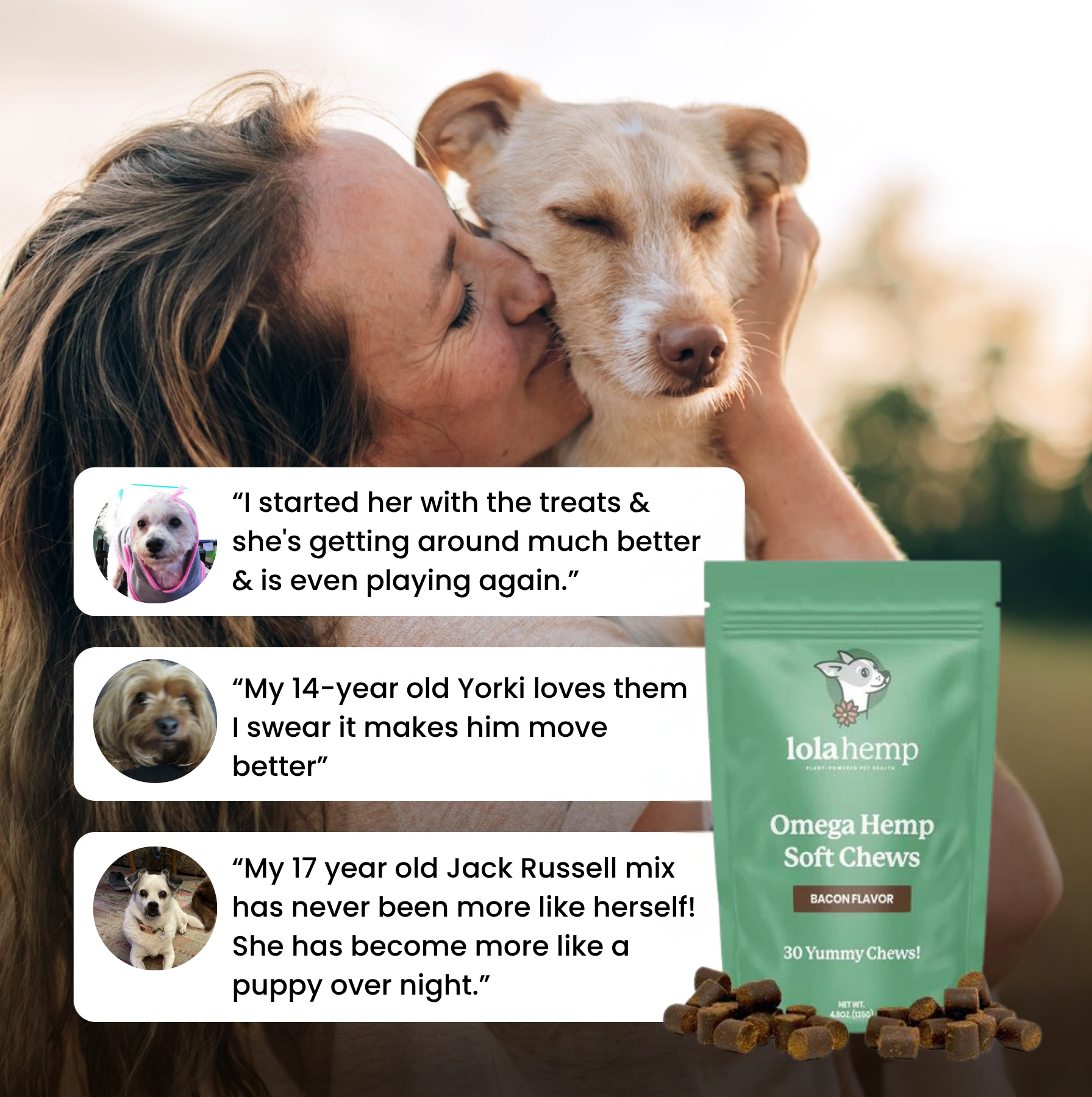 This image shows three real reviews of Lolahemp's Omega Chews.