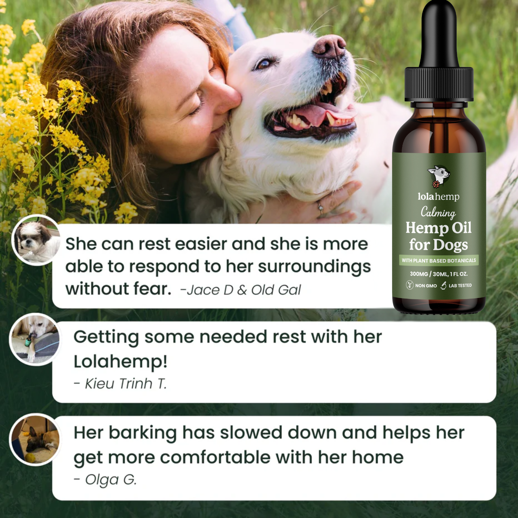 Woman kissing a dog with a bottle of Lolahemp Hemp Oil for Dogs in the background.