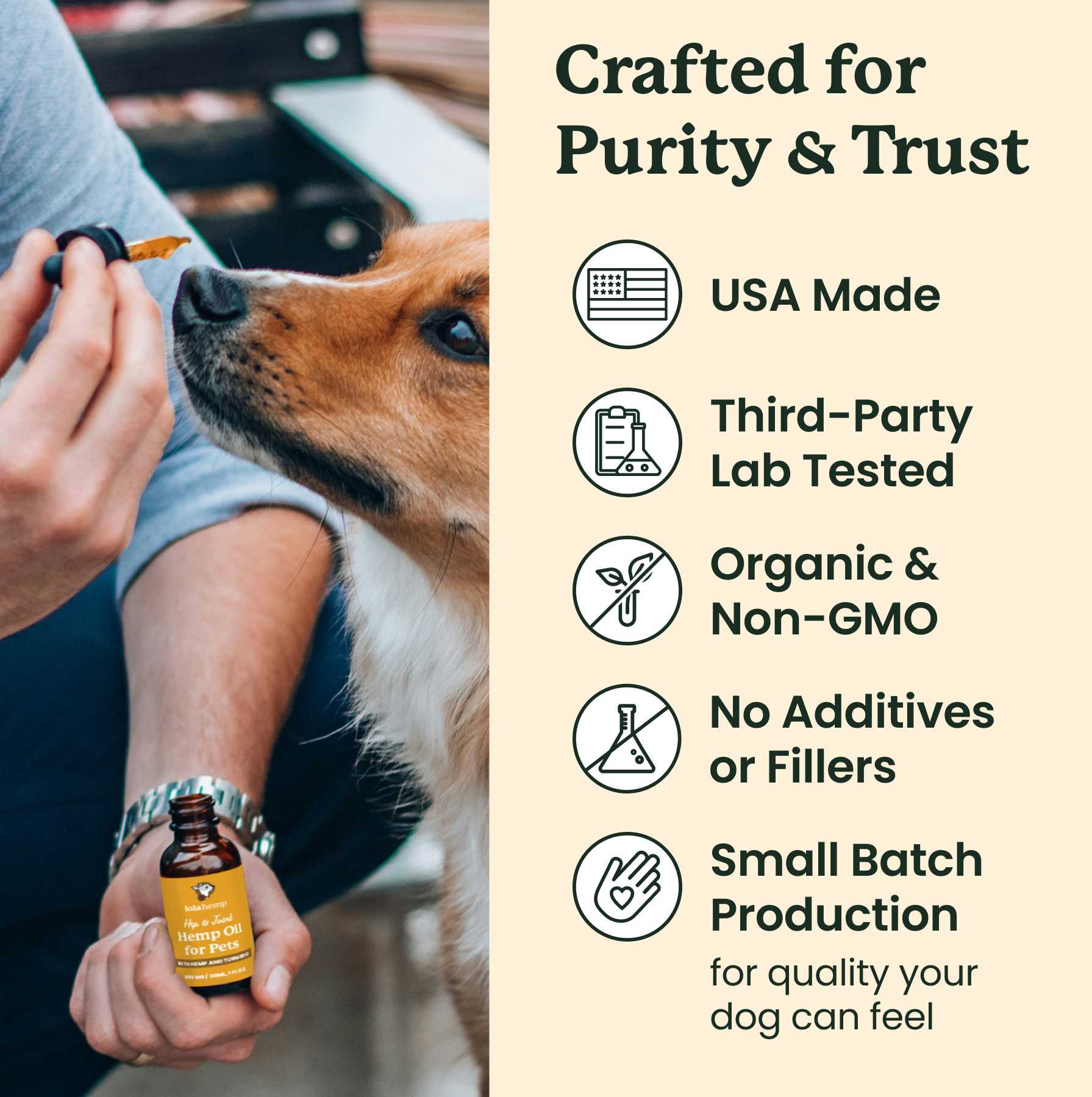 This image lists facts about the product, USA made, third-party tested, organic, small batch.