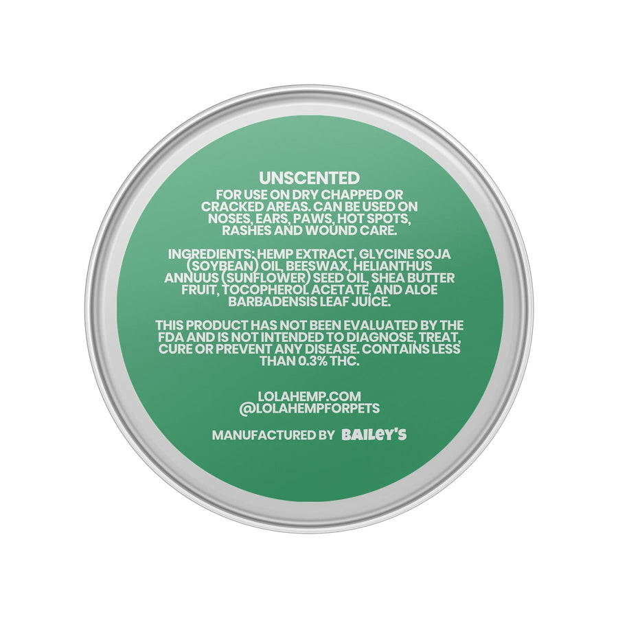 back of lolahemp full spectrum hemp balm tin with ingredient info on white background