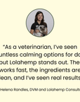 Quote from Dr. Helena Randles, DVM about Lolahemp calming options for dogs on a beige background.