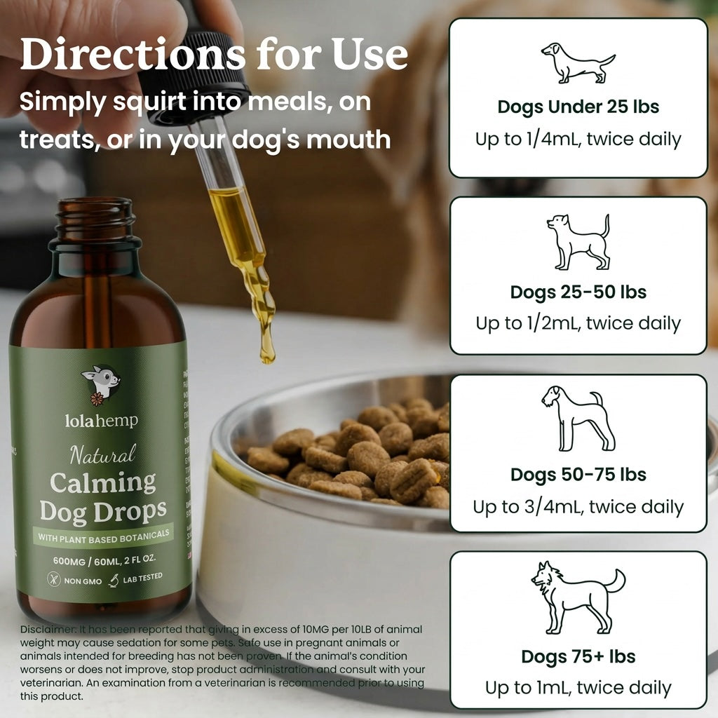 Lola Hemp Natural Calming Dog Drops bottle with usage instructions on a blurred background of a dog bowl and treats.