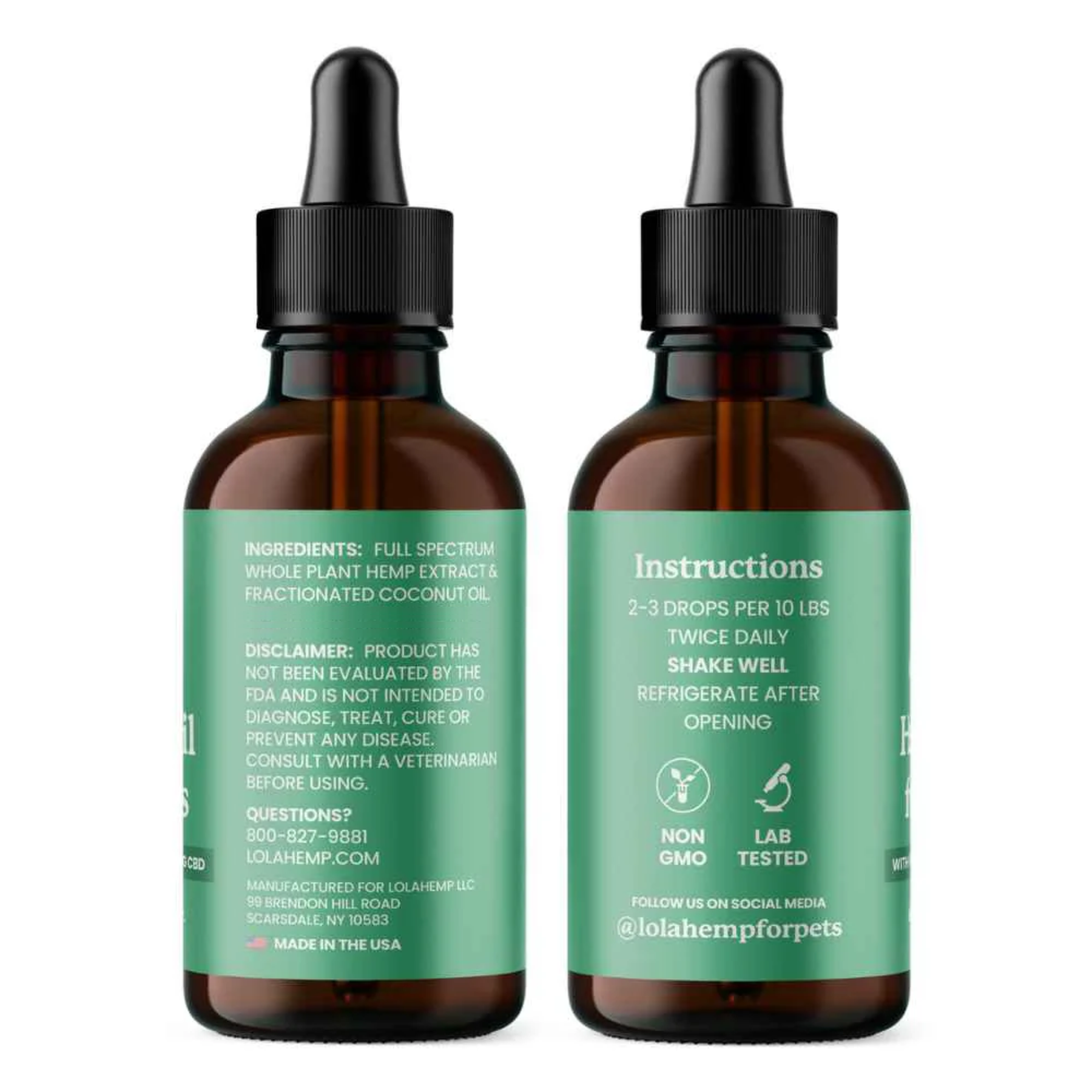 Two brown glass bottles with droppers on a white background listing instructions and ingredients