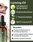 Lolahemp Calming Hemp Oil for Dogs with product bottle and dog on green background
