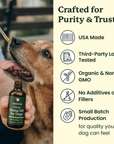 Dog being given a dropper of hemp oil with product details on purity and trust.