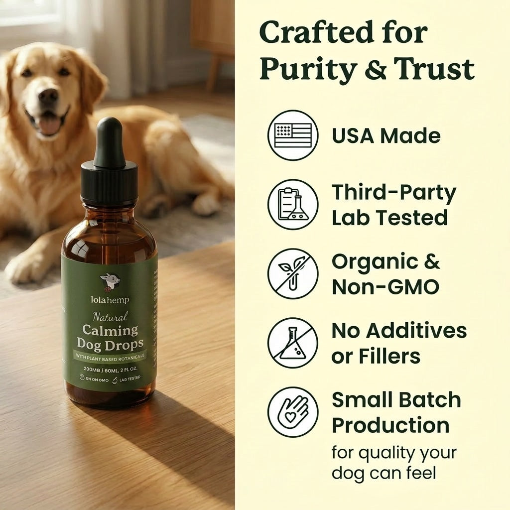 Bottle of Iola Hemp Natural Calming Dog Drops with a dog in the background, featuring product attributes on the right.
