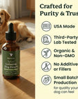 Bottle of Iola Hemp Natural Calming Dog Drops with a dog in the background, featuring product attributes on the right.