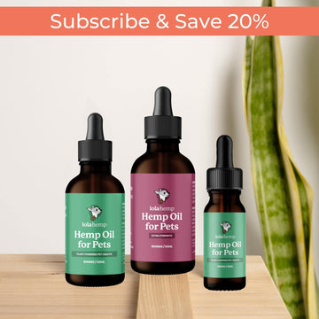 subscribe and save 20%, image of three assorted lolahemp oil products. 