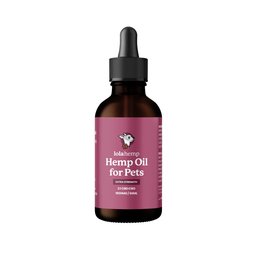 Front of brown lolahemp 1800mg extra strength hemp oil bottle with fuchsia label on white background