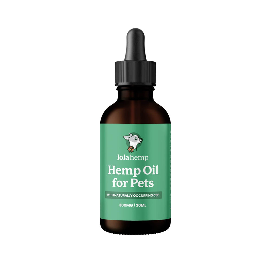 Front of brown lolahemp 300mg hemp oil bottle with green label on a white background