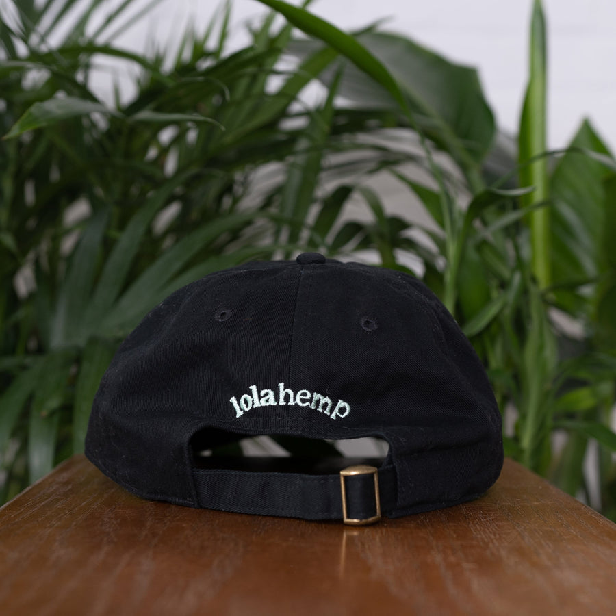 back of black lolahemp hat on wooden table with plants in the background