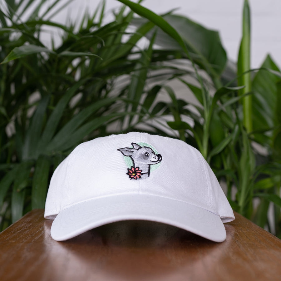 front of white lolahemp hat on wooden table with plants in the background