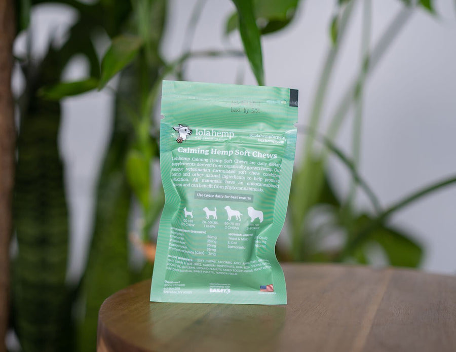 back of mini green colored bag of regular strength lolahemp calming hemp soft chews on wooden table with plants in the background