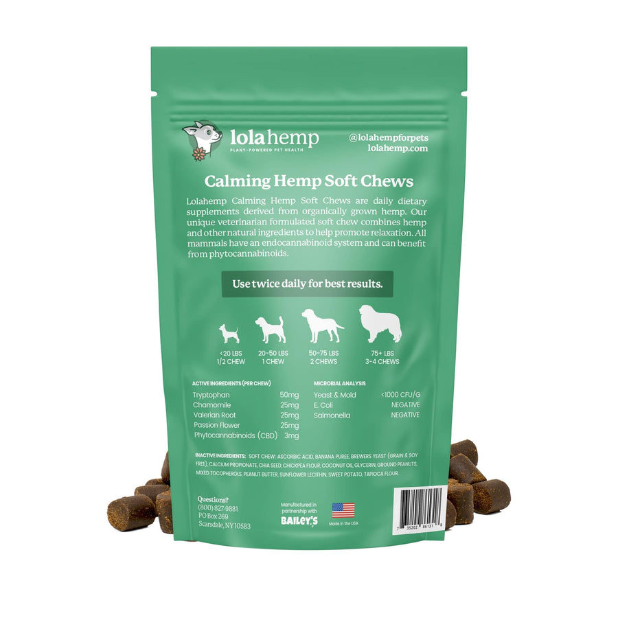 Back of green colored bag of regular strength lolahemp calming hemp soft chews with chews in front on white background