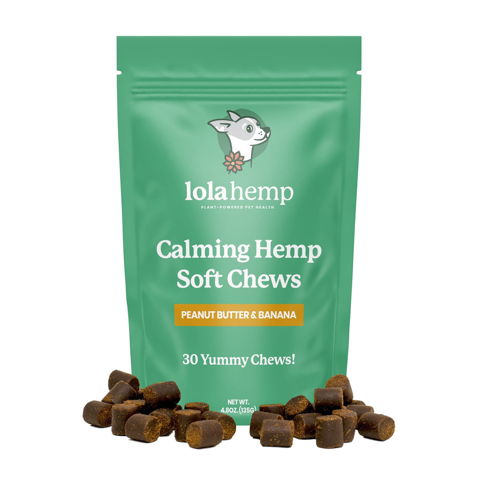 Lolahemp Hemp Soft Chews are peanut butter and banana flavored and great treats to calm dogs