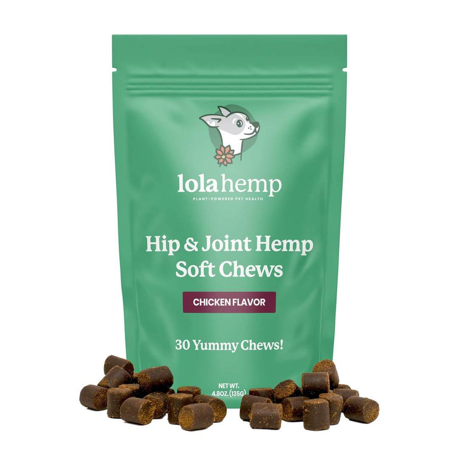 Front of Green colored bag of regular strength lolahemp hip and joint hemp soft chews with chews sprinkled in front