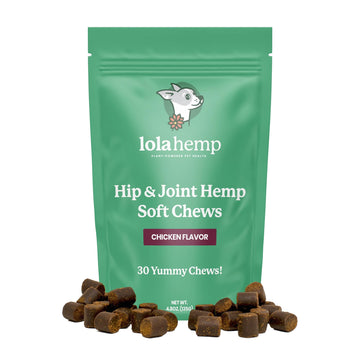 Front of Green colored bag of regular strength lolahemp hip and joint hemp soft chews with chews sprinkled in front and white background