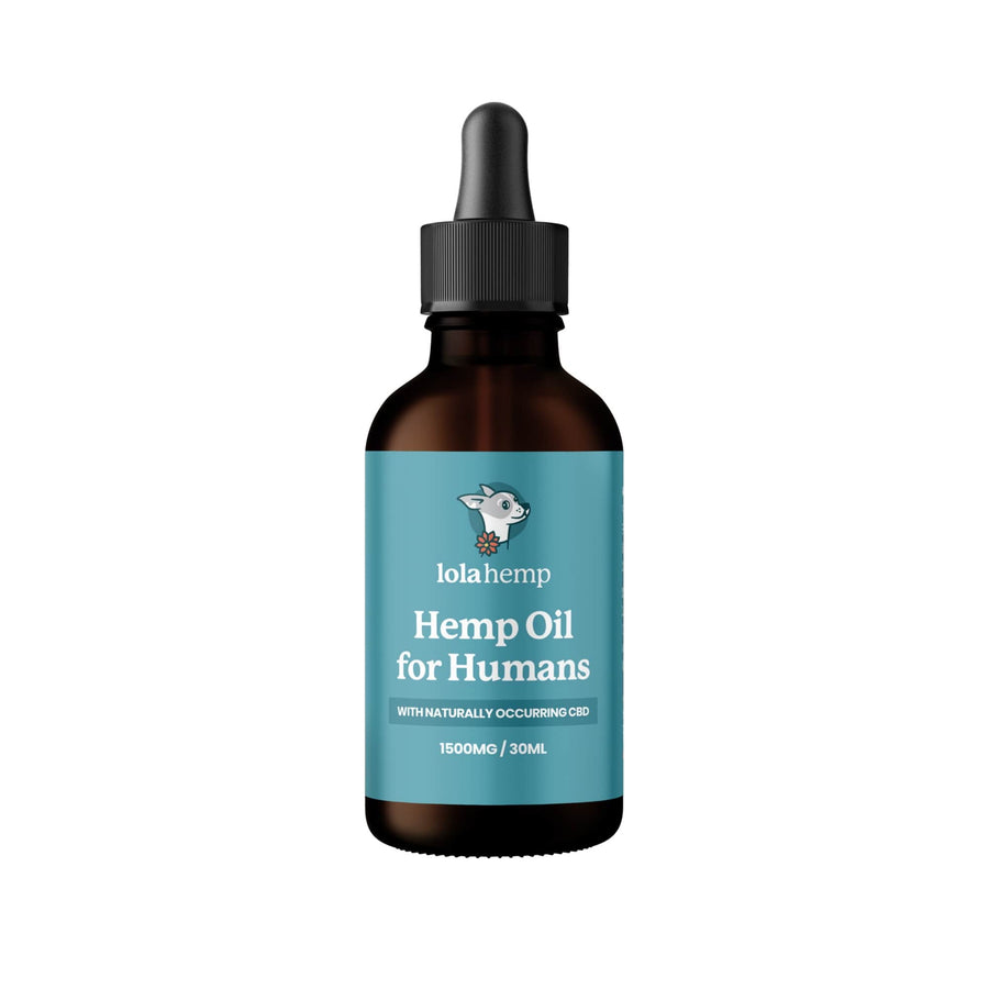 front of brown lolahemp hemp oil for humans bottle with blue label on white background