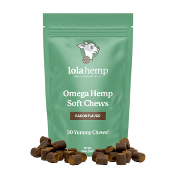 front of Green colored bag of lolahemp omega hemp soft chews with chews sprinkled in front
