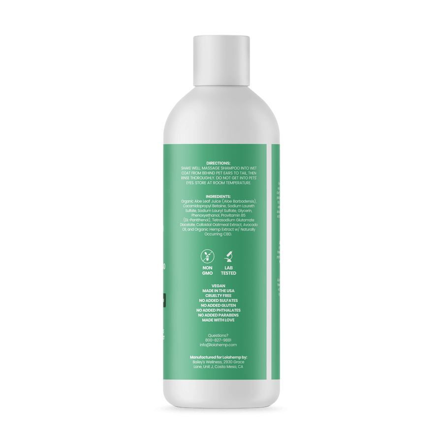 directions and ingredients on how to use lolahemp shampoo for pets